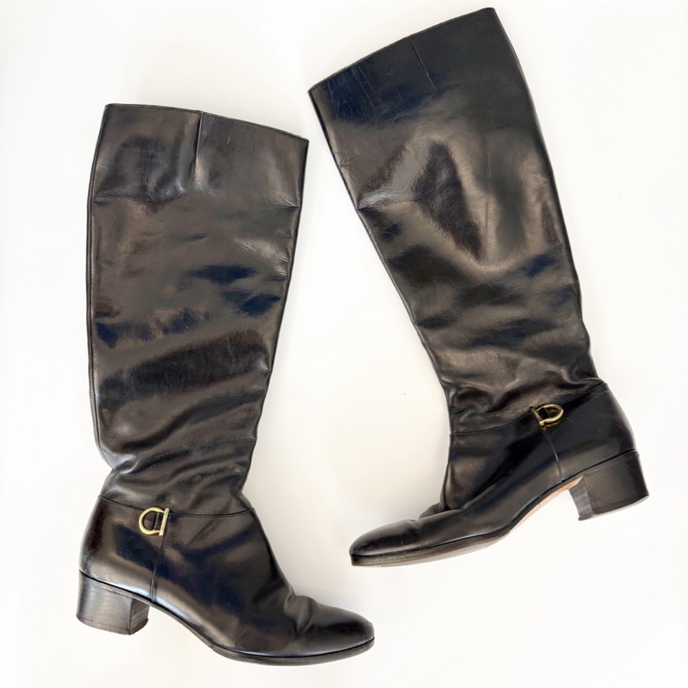 Vintage Ferragamo || Heeled Leather Boots Equestrian Hardware Black‎ 4.5